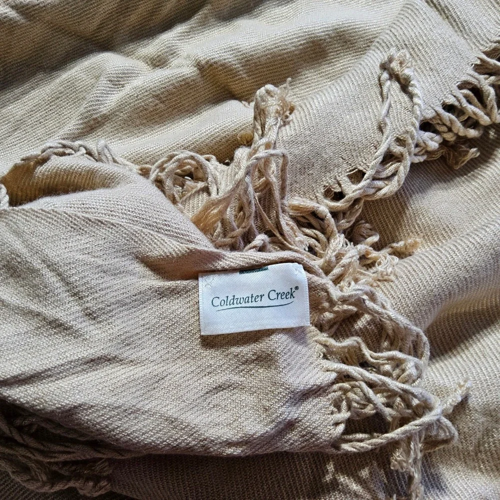 Coldwater Creek Embroidered Fringe Scarf Shawl Wrap Neutral Tan‎